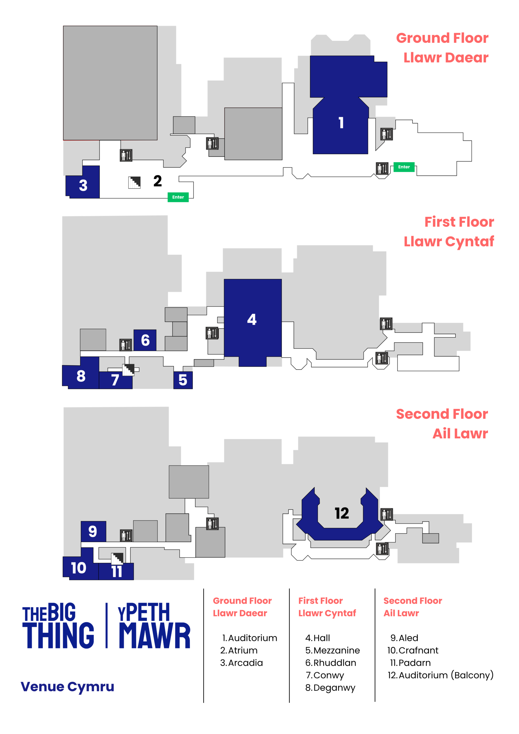 Venue Cymru map showing ground, first, and second floors, with blue numbered rooms, gray structures, exits, and Welsh/English labels.
