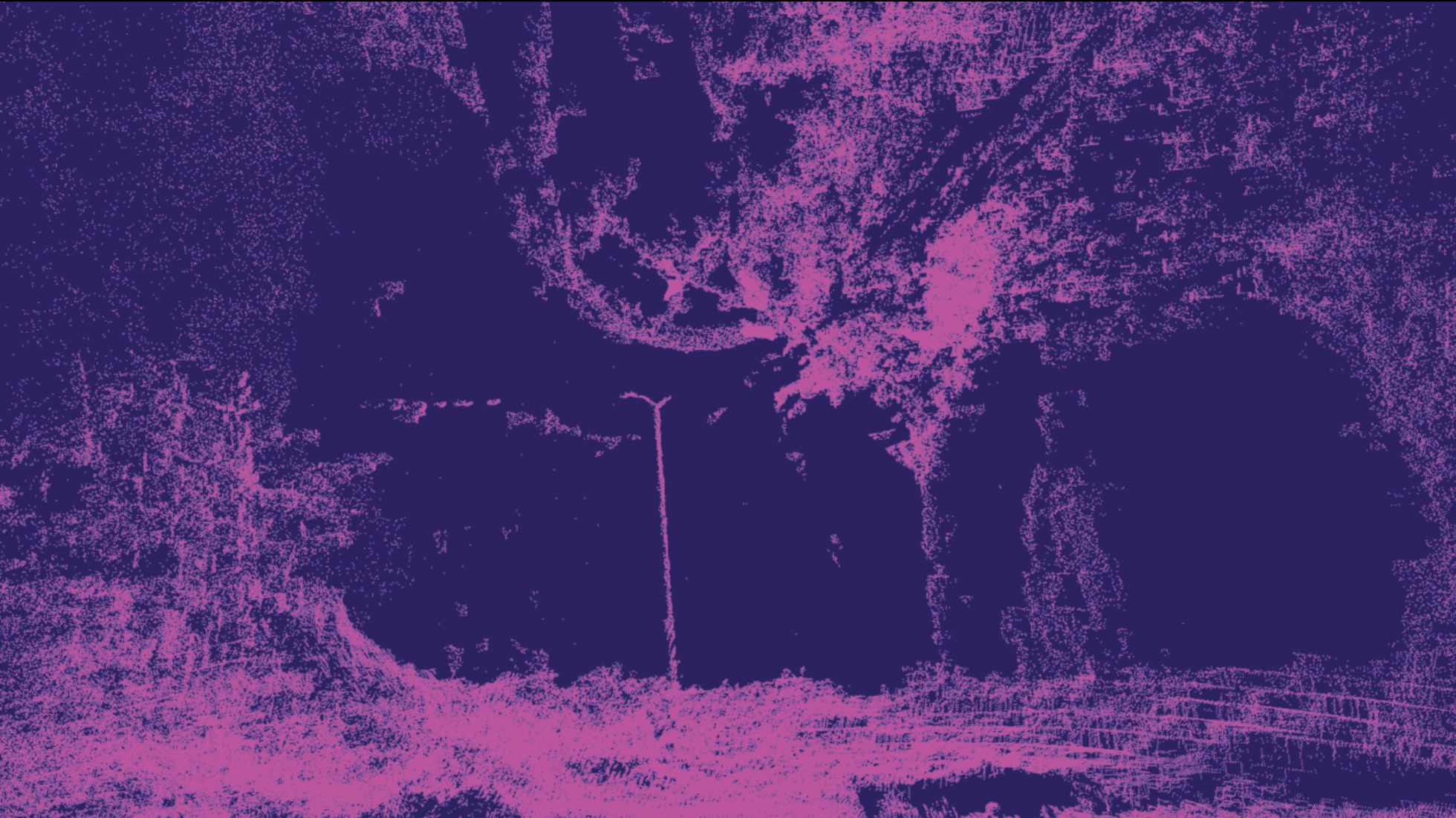 An abstracted street landscape with trees in two tone - light purple and dark purple