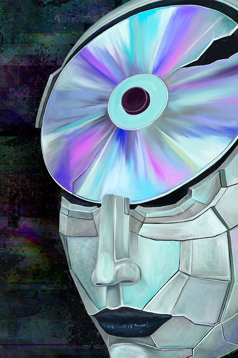 A stylised, futuristic portrait of a human-like figure with a metallic, segmented face. The top of the head is open to reveal a reflective compact disc where the brain would be, shimmering with iridescent colours. The background is dark and glitch-like, with digital noise and abstract patterns, giving a cybernetic or sci-fi atmosphere. The figure’s expression is neutral, with dark lips and smooth, pale metal skin, suggesting a blend of human and machine.