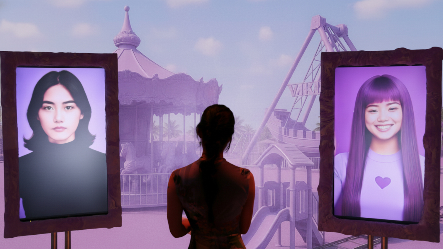A figure is in the centre of the image with their back to the viewer, they are in shadow and looking ahead at them. They are framed on each side with large monitors, the left hand monitor shows a female AI avatar with short brown hair, whilst the right screen has a female digital avatar with long straight lilac hair and top. The projection in the background shows a dreamy lilac funfair AI dreamscape.