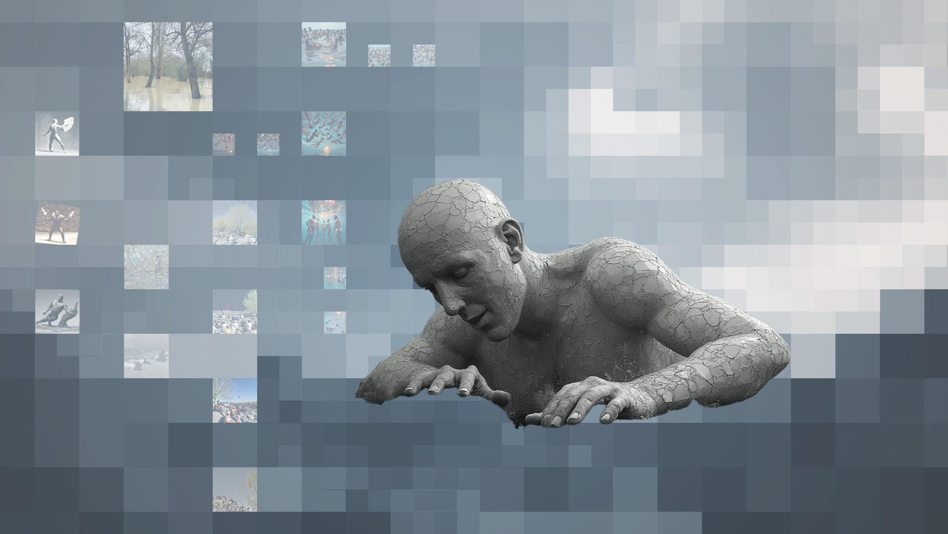 Black-and-white AI image of a cracked, face-down figure on rocks by water under dramatic clouds, framed by a grey-blue pixelated background with descriptive text.