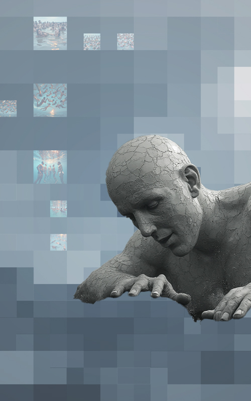 Black-and-white AI image of a slender figure reclining on rocks by water under dramatic clouds, framed by a grey-blue pixelated background with descriptive text.