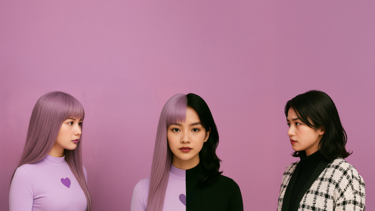 Two women are facing each other on the left and right side of this image, with a figure in the middle facing us who is half the persona of each of the two other women. The figure on the far left has long straight purple hair and a long fringe, with a tight and cute purple top with a heart on it. The woman on the far right has midlength brown hair with a slight wave and a black top and a black and white checked cardigan. All figures are AI generated and are South East Asian.