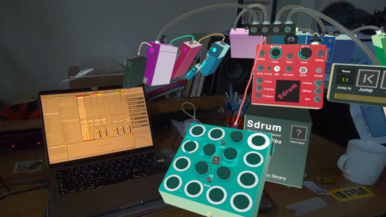 Screenshot of a mixed reality experience with virtual synth music equipment on top of a physical table