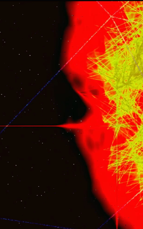 Visuals that look like a sunburst on the right hand side with a deep black space on the left hand side