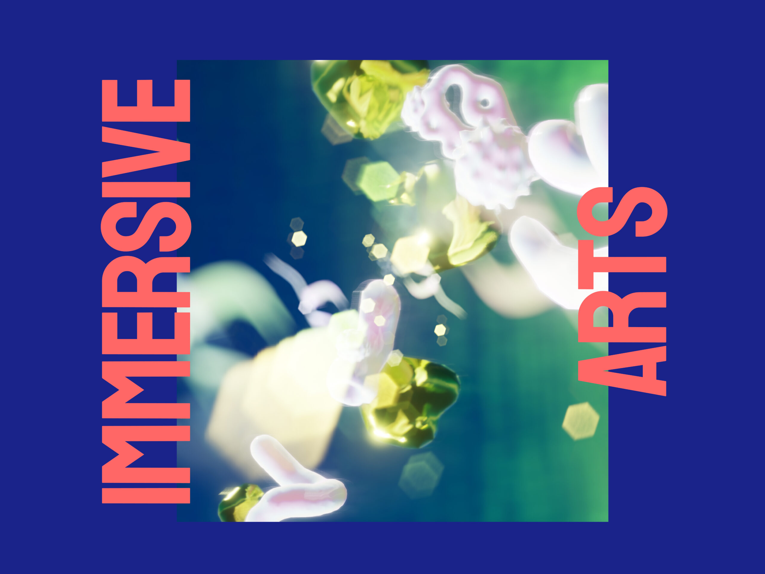 A blue background with some beautifully abstract immersive art which is green, white and yellow. Text reads, 'Immersive Arts.'