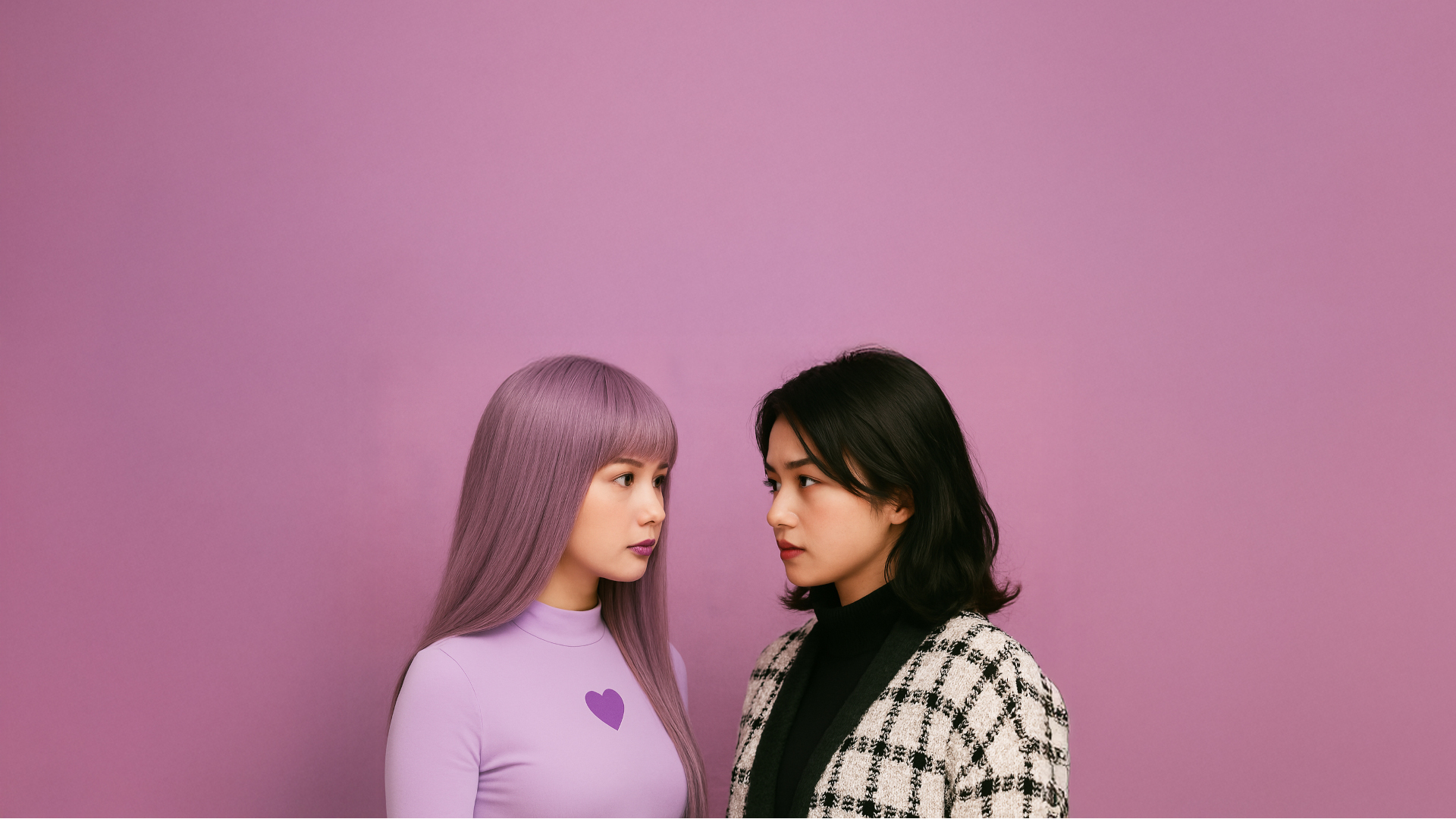 Two AI generated South East Asian women face each other. To the left is a figure with long dead straight purple hair and a long fringe, with a light purple shirt and a purple heart on it. To the right is a woman with mid-length brown hair with a slight wave, and a back turtle neck top and a white and black checked cardigan.