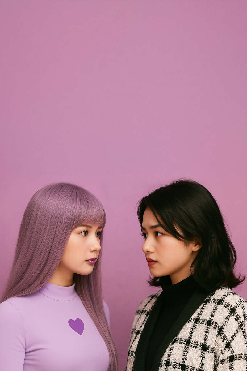 Two AI generated South East Asian women face each other. To the left is a figure with long dead straight purple hair and a long fringe, with a light purple shirt and a purple heart on it. To the right is a woman with mid-length brown hair with a slight wave, and a back turtle neck top and a white and black checked cardigan.