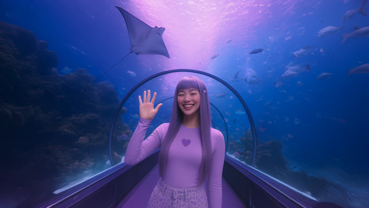 AI generated image with hues of purple and blue of Southeast Asian woman with long purple hair standing and waving whilst in a tunnel aquarium. There is a stingwray flying overheard and some blurry fish swimming all around.