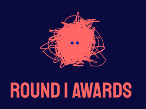 A dark blue background with a coral scribble shaped character peering at the viewer with blue eyes. Coral text reads, Round 1 Results.