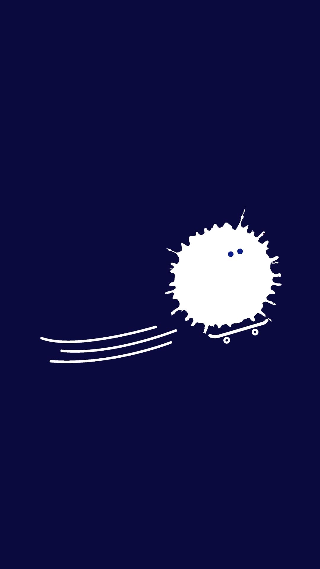 A white, spiky blob with eyes rides a skateboard, leaving dynamic motion lines, against a dark blue background, conveying a playful, energetic vibe.