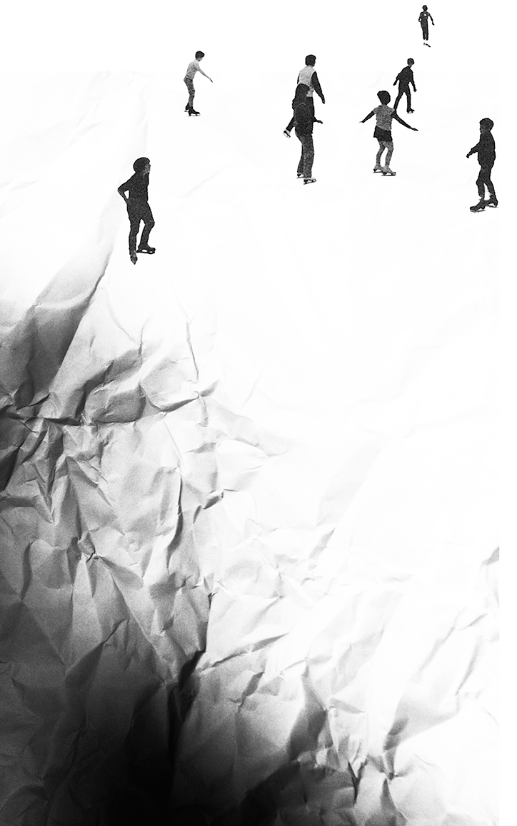 A group of people skating on an abstract, crumpled white surface. Their silhouettes create a surreal and dynamic scene, evoking a sense of motion and playfulness.