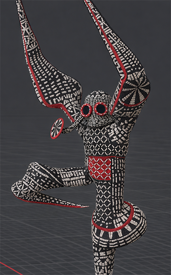 A stylized sculpture resembling a figure with elongated limbs, covered in a black, white, and red geometric pattern, poses dynamically on a grid floor.