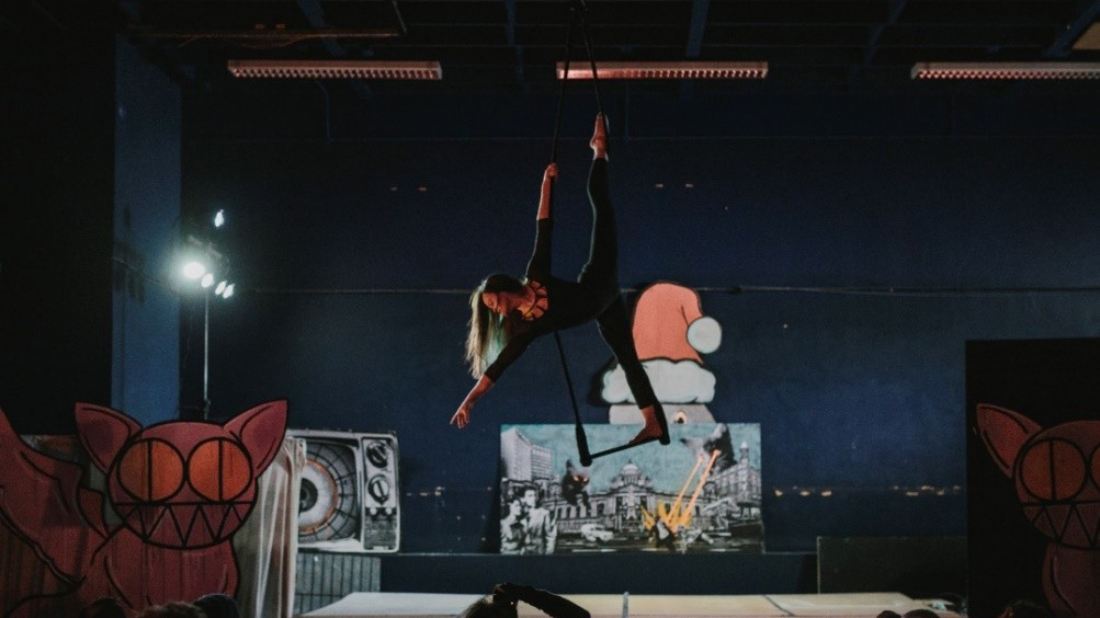 An acrobat performs gracefully on aerial silks in a dimly lit theater. The stage backdrop features whimsical cat art and festive decorations, creating a lively atmosphere.