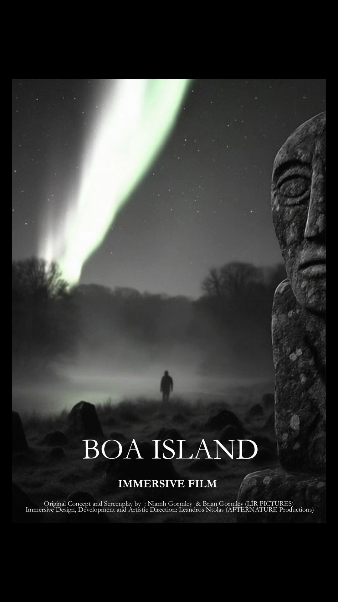 A silhouetted figure stands in a foggy landscape surrounded by stones. The scene is eerie and mysterious. Text reads "BOA ISLAND."