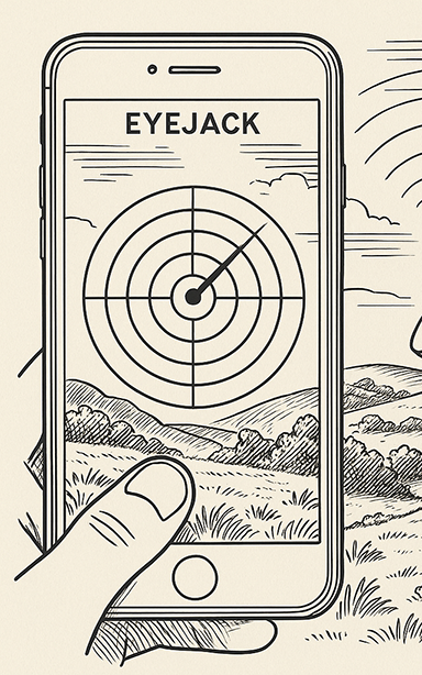 Line art illustration showing a phone with "EYEJACK" and a radar screen, next to a radio telescope dish, suggesting communication and technology themes.