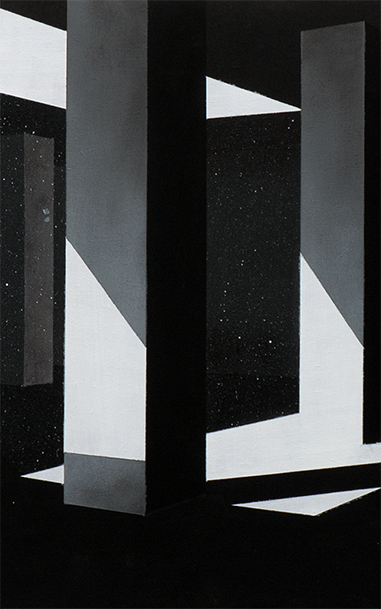 Abstract painting of vertical columns casting bold, angular shadows. Monochrome palette, high contrast creates a stark, mysterious atmosphere.