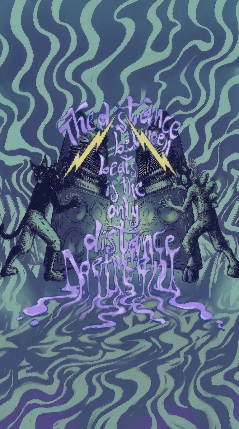 Psychedelic illustration of two creatures reaching toward large speakers, with swirling green patterns. Text reads, "The distance between beats is the only distance between us."