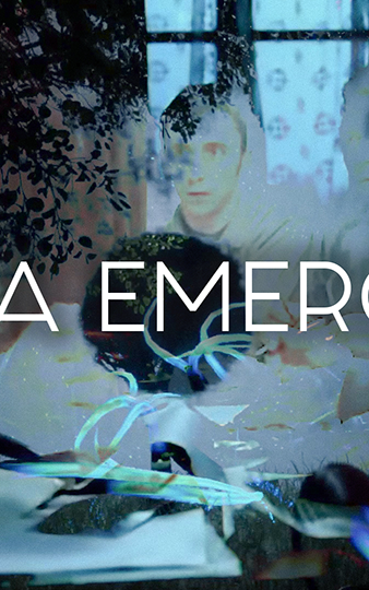 Overlayed text "Lingua Emergent" appears on a surreal background featuring blurred figures and abstract elements, suggesting mystery and creativity.