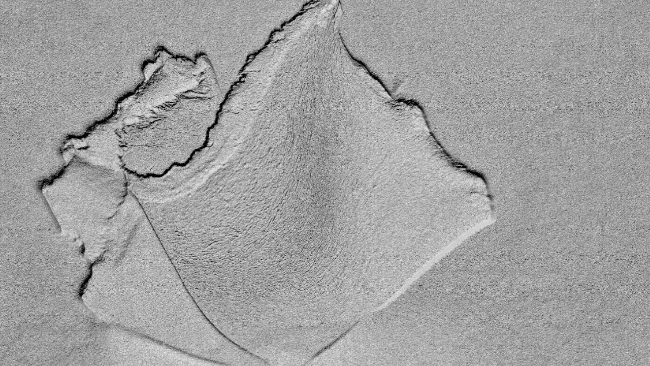 Close-up of a textured, torn paper on a gray surface. The paper's uneven edges and shadow create an abstract, artistic composition with a rugged feel.