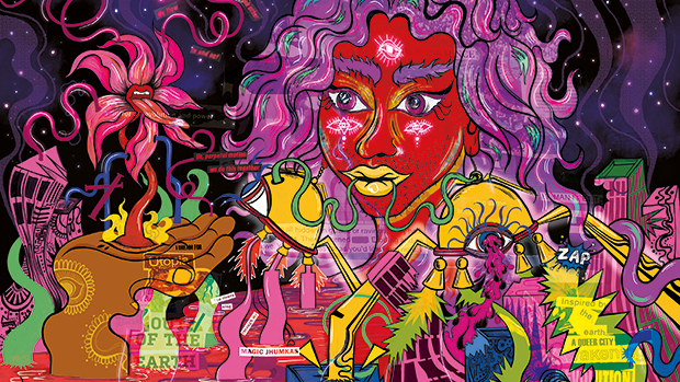 Vibrant psychedelic artwork features a colorful, abstract face with long hair. Surreal, chaotic elements surround it, creating an intense, dynamic scene.