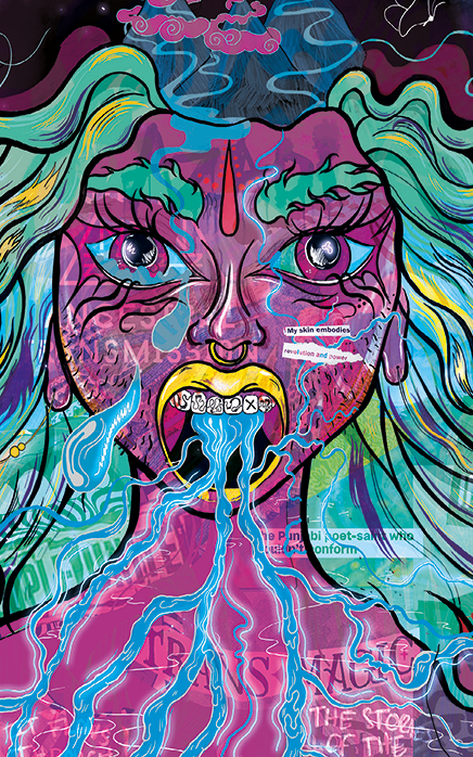 Vibrant psychedelic artwork features a colorful, abstract face with long hair. Surreal, chaotic elements surround it, creating an intense, dynamic scene.