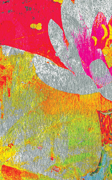 A vibrant abstract artwork featuring a silver flower with pink and yellow accents on a textured, colorful background of red, orange, and green hues.