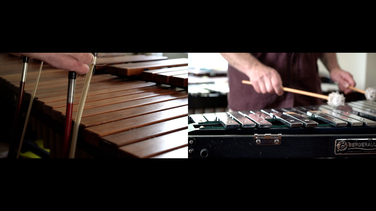 Frances Young_EXPLORE artist_splitscreen image - on the left a marimba_and on the right a detail of a players hand playing the marimba with drumsticks