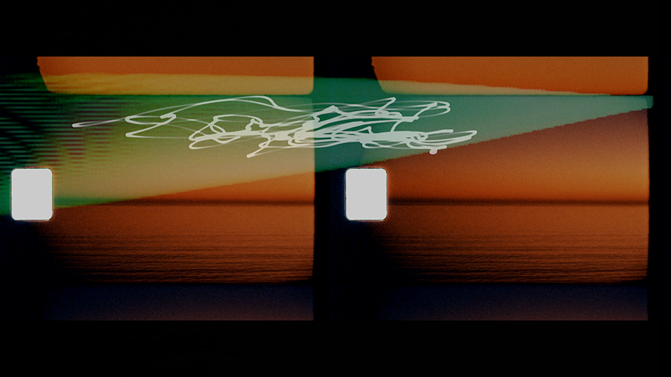 Abstract image with a warm orange and black gradient background. White scribble lines intersect a horizontal beam of green light. Two white squares on each side.