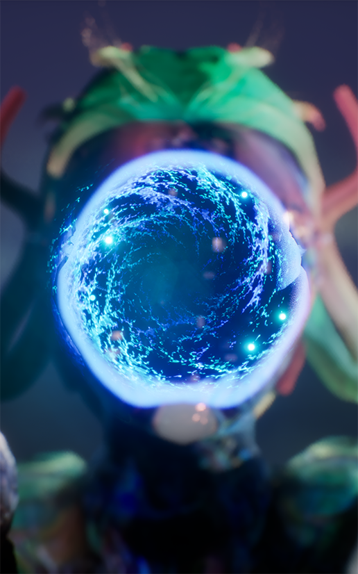 A mystical figure holds a glowing, swirling blue orb between their hands. The scene feels mysterious and otherworldly, with dim lighting and a blurred background.