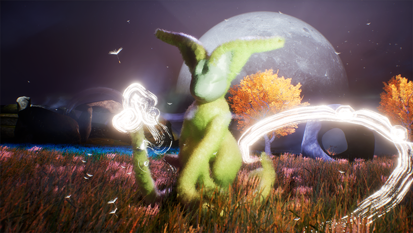 A green, furry creature sits in a glowing meadow under a large moon. It holds a luminous flower, with vibrant orange trees in the background, evoking a dreamy, magical atmosphere.