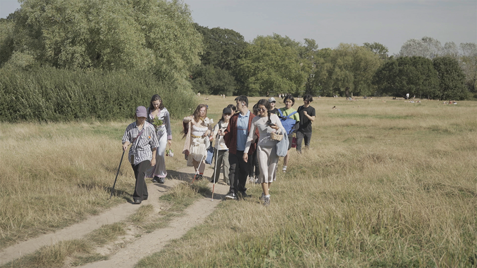 A group of people walk together on a grassy path through a serene park. They appear cheerful, surrounded by lush greenery under a clear sky.