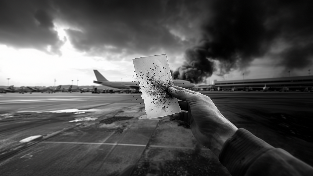 A hand holds a burning piece of paper on an airport runway, with an airplane in the background and dark smoke rising, creating a tense atmosphere.
