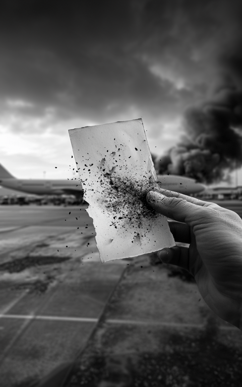 A hand holds a burning piece of paper on an airport runway, with an airplane in the background and dark smoke rising, creating a tense atmosphere.
