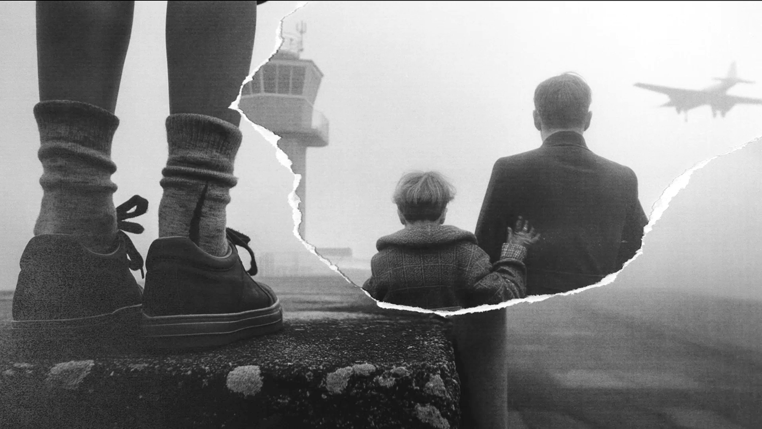 A torn black and white photo depicts two figures, an adult and a child, facing an airport runway with a plane overhead. The child's arm gently rests on the adult's back, conveying a sense of anticipation or farewell.
