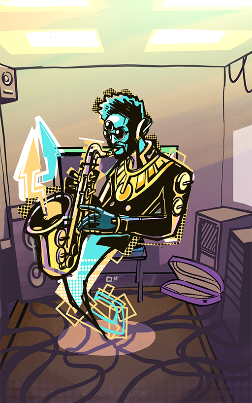 A colourful, abstract illustration of a musician with sunglasses and headphones playing the saxophone in a recording studio. The room is filled with speakers and sound equipment, conveying a vibrant and dynamic musical atmosphere.