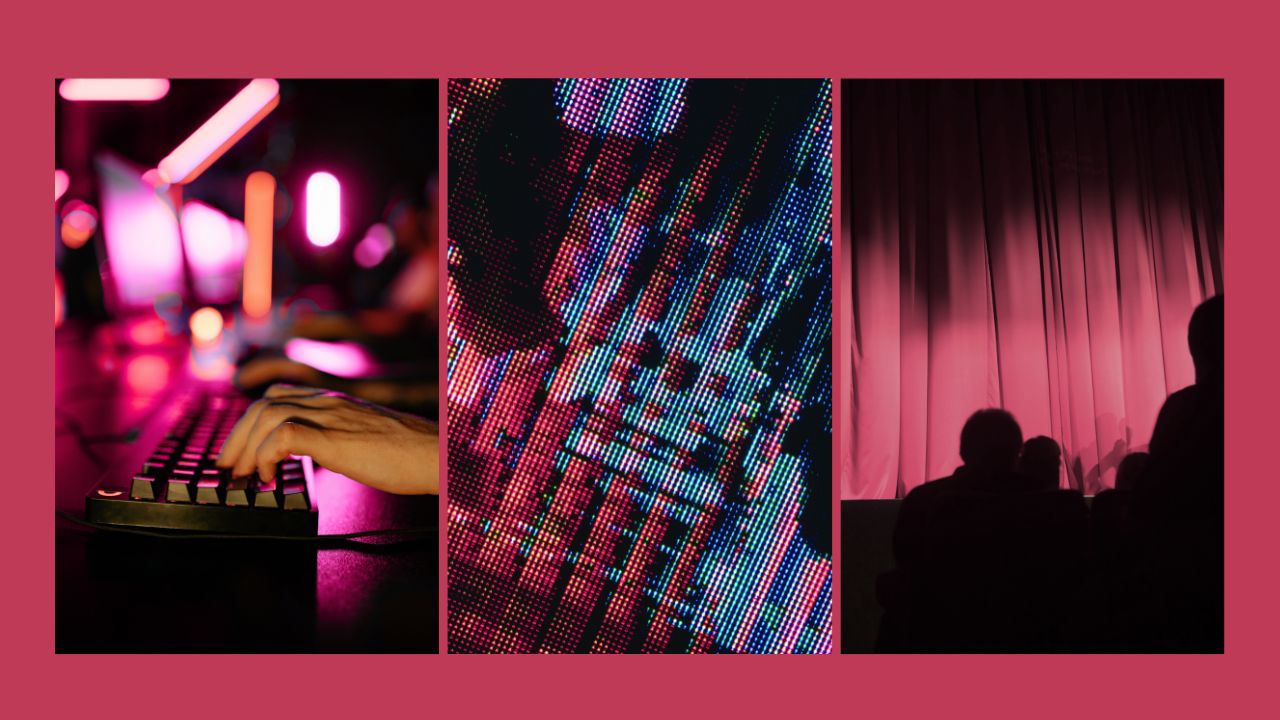 A triptych of images: a hand typing on an illuminated keyboard, a colorful digital glitch pattern, and silhoutted figures before a pink-lit curtain, convey a techy, mysterious vibe.