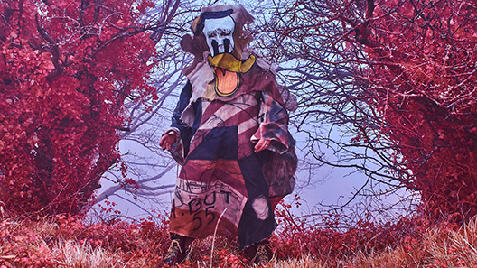 A person in a patchwork costume and mask stands in a forest with vivid red foliage and dry grass. The scene is surreal and mysterious.