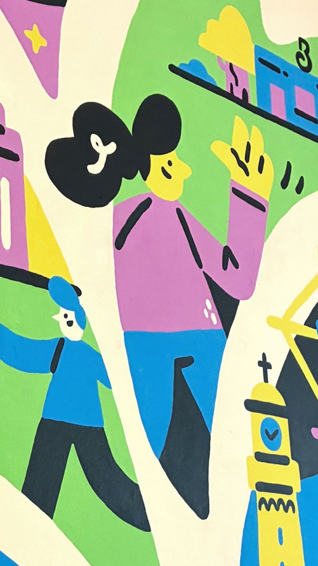 Colourful mural featuring abstract figures, buildings, and flowers in bright pink, blue, yellow, and green. The scene conveys a vibrant, playful tone.