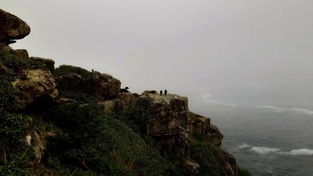 a scenic landscape of a cliffside looking out into the sea, a few people stand on the edge in the distance, it looks cinematic.