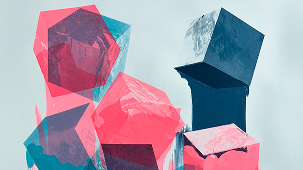 Abstract art featuring geometric shapes with overlapping translucent cubes in pink and blue hues, creating a dynamic and modern visual effect.