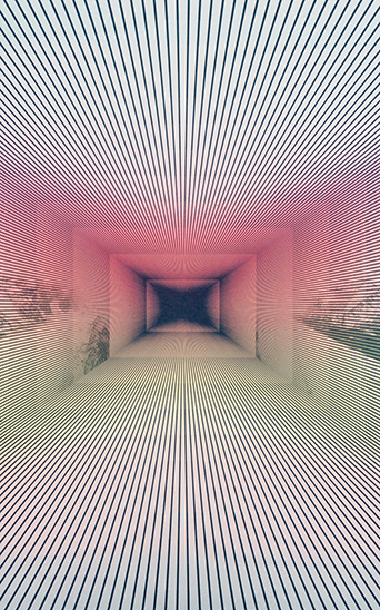 A 3D optical illusion featuring a tunnel of converging black lines on a pink and beige gradient background, creating a sense of depth and motion.