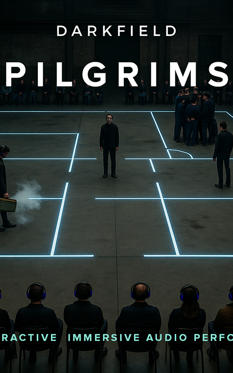 Wide room with people seated on all sides wearing headphones. A grid is drawn on the floor, five standing figures inside it. Dim, mysterious atmosphere.