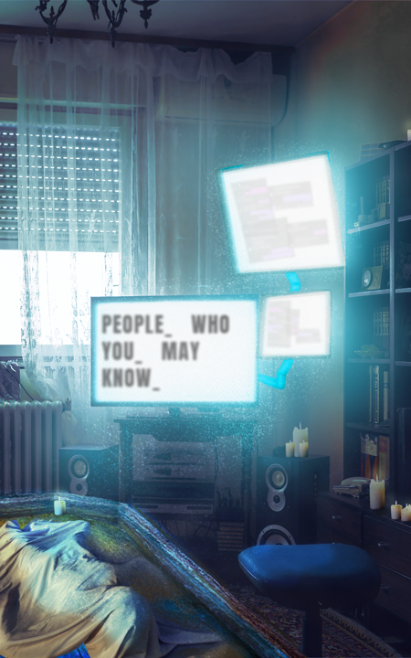 Cozy living room with dim lighting, featuring glowing candles, bookshelves, and digital screens floating above a couch. Text reads, "People you may know."