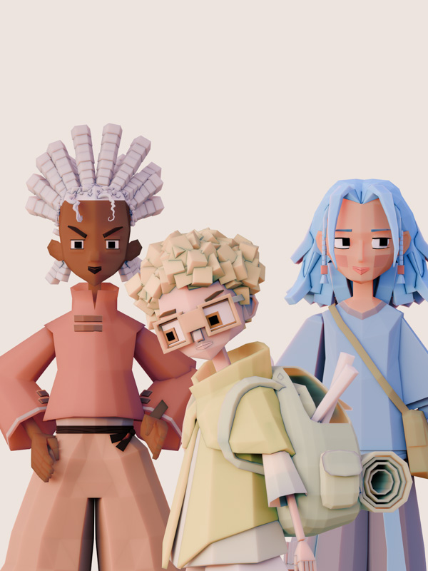 Peter & the Wolf: A solar punk reimagining. Hero image portrait format - 3 animated characters against a plain cream coloiured background. They each have different clothes and hairstyles - the one on the left has spikey white hair and coral colour top and trousers, the one in the middle has short blonde hair, big rimmed glasses and yellow poncho and the one on the right has long blue hair, a shoulder bag and a blue top and trousers