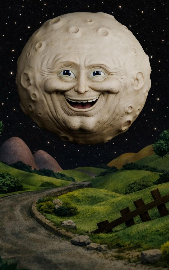 A cartoonish moon with a smiling human face floats in a starry night sky, surrounded by trees and hills. The mood is whimsical and surreal.