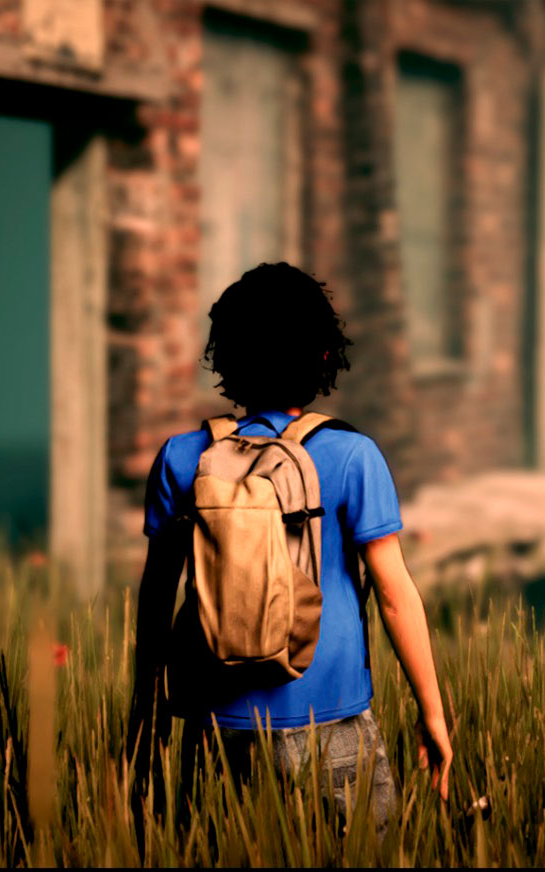 a screenshot of a game, a young person in a brown backpack stands in tall grass outside a building which looks abandoned, a sense of mystery.
