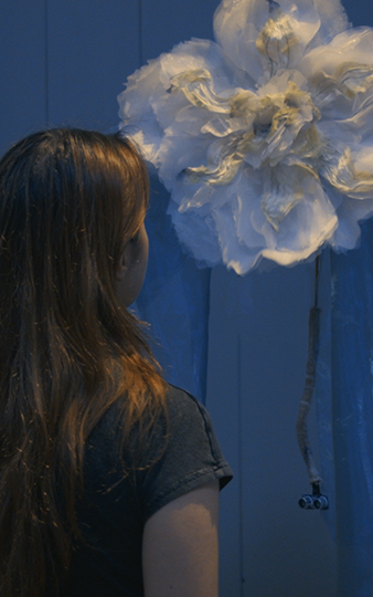 A woman with long brown hair gazes at a large, textured white flower on a blue background. The scene is serene and contemplative.