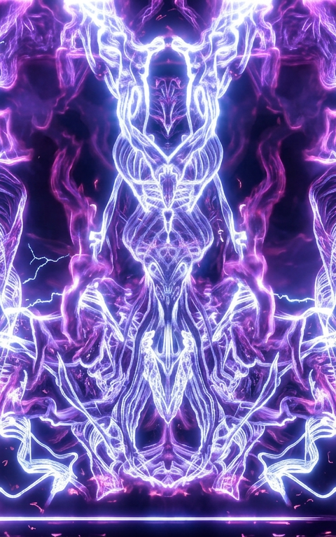 Electric purple and white abstract fractal pattern against black backdrop, resembling symmetrical lightning or neural pathways, conveys a dynamic, energetic tone.
