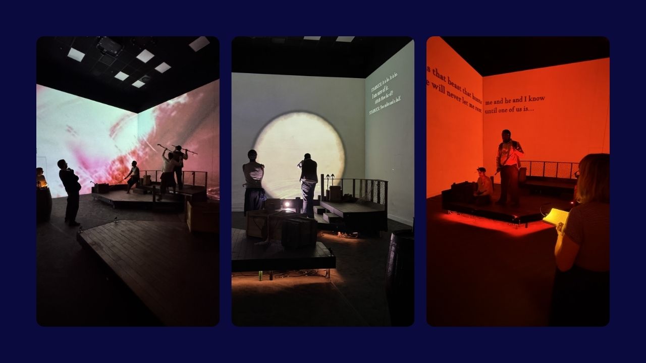 Triptych of dimly lit art installations with people observing. Left: abstract visuals, center: circular projection, right: red glow. Reflective atmosphere.